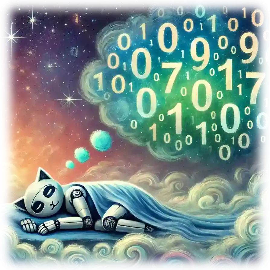 A robot cat dreaming about numbers