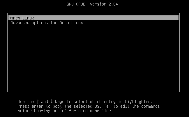 GRUB's menu for starting Arch Linux, defined in /boot/grub/grub.cfg