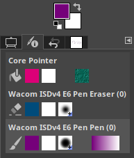The Device Status dialog with three devices. The active device is the stylus, alias Wacom ISDv4 E6 Pen Pen (0).